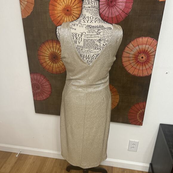Lauren Ralph Lauren Metallic Silver Faux Wrap Sheath Dress Ruched Bodycon Sz 10 - Picture 2 of 8